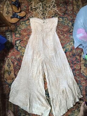 ILLA ILLA Strapless Cream Textured Wide-Leg Jumpsuit